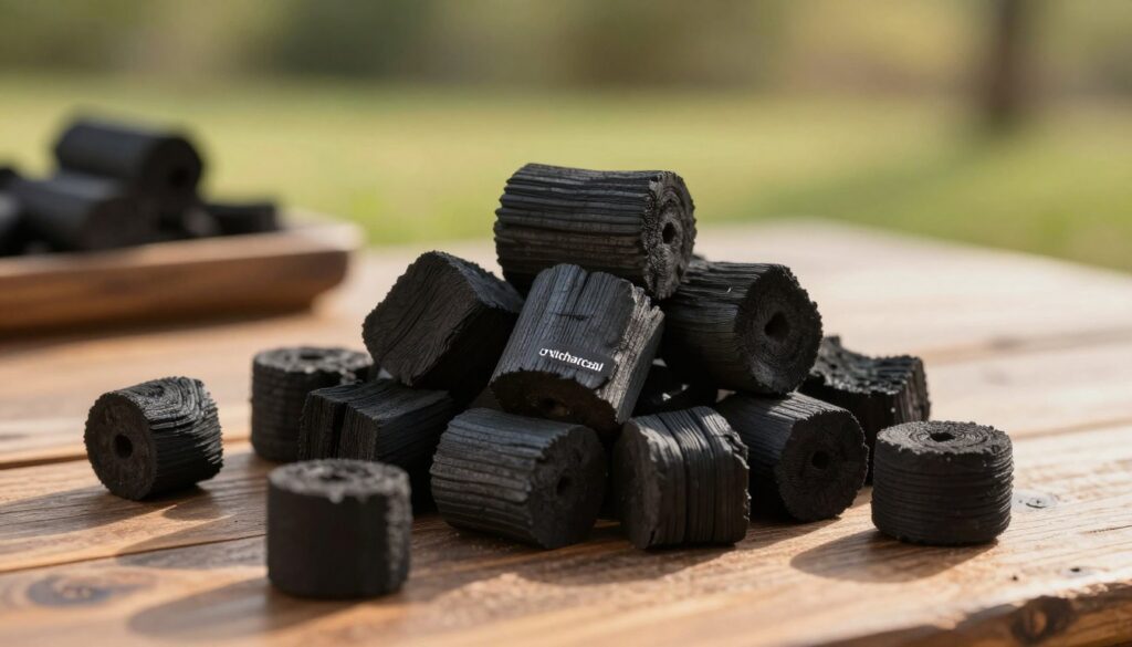A close-up view of a pile of high-quality charcoal briquettes from the brand "oxicharcoal", showcasing their rich, textured surface and distinct cylindrical shape. In the foreground, the briquettes are arranged artistically, some slightly scattered to highlight their unique features. The middle ground presents a rustic wooden table, adding a natural element to the composition. In the background, a softly blurred outdoor setting features green grass and subtle hints of trees, suggesting a summer day perfect for grilling. The lighting is warm and inviting, mimicking early morning sunlight that casts gentle shadows, creating a sense of depth and warmth. The overall mood is cozy and inviting, ideal for outdoor cooking enthusiasts.