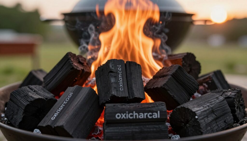 A close-up view of high-quality charcoal briquettes branded "oxicharcoal," arranged in a neat pile. The foreground showcases the textured surface of the briquettes, highlighting their uniform shape and dark matte finish. In the middle ground, a glimmer of flames igniting from the center, creating a warm glow that dances on the surface of the briquettes. The background features a blurred outdoor grilling setup, with hints of greenery and a soft sunset cast illuminating the scene with a golden hue. The lighting is warm and inviting, emphasizing the coals' readiness for grilling. The atmosphere is one of anticipation and warmth, perfect for an outdoor cooking experience.