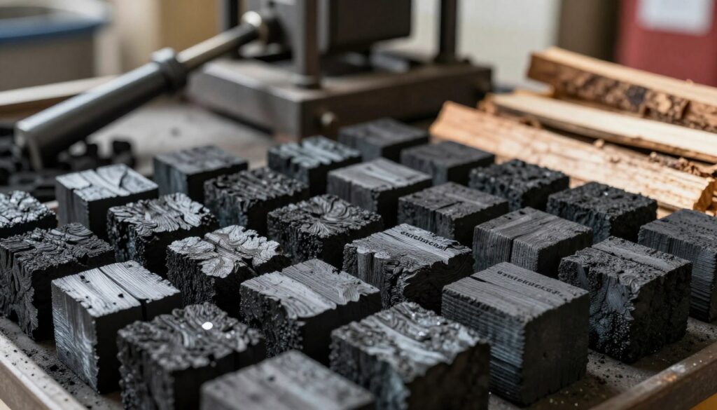 A close-up view of high-quality charcoal briquettes branded with "oxicharcoal," arranged neatly in a visually appealing pattern. In the foreground, focus on the rich, textured surface of the briquettes, highlighting their varying shades of black and gray. In the middle ground, display tools and materials used in the manufacturing process, such as a molding press and dried wood or natural binders, partially in view to indicate their role. The background features a blurred industrial setting with soft, warm lighting, suggesting a workshop atmosphere filled with the scent of wood and charcoal. The overall mood should be vibrant yet earthy, conveying an informative yet friendly ambiance. The image should be taken from a slightly elevated angle to capture the details and surroundings clearly.