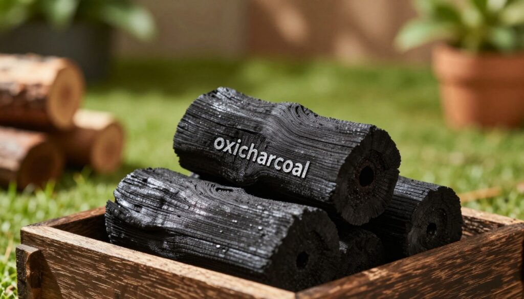 A detailed close-up image of charcoal briquettes from the brand "oxicharcoal" stacked neatly in a rustic wooden basket. In the foreground, the briquettes exhibit a rich, dark texture with subtle glimmers of ash, emphasizing their high quality. The middle ground features a blur of green grass and a few scattered wood logs, subtly hinting at the comparison between charcoal and wood. In the background, a blurred garden setting with dappled sunlight filtering through tree leaves creates a serene and natural atmosphere. The lighting is warm and inviting, highlighting the charcoal's surface with soft shadows and subtle reflections. The photograph should have a shallow depth of field, focusing sharply on the briquettes while gently blurring the surroundings, evoking a sense of rustic charm and outdoor cooking appeal.