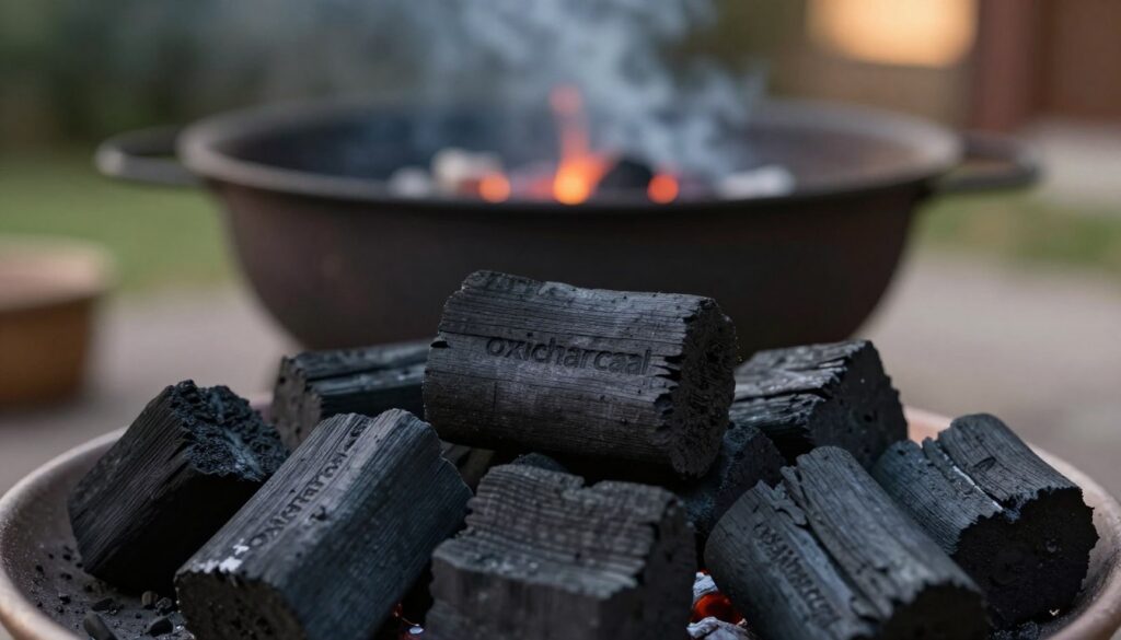 A detailed close-up of charcoal briquettes labeled subtly with the brand name "oxicharcoal". The foreground features jagged, uneven briquettes, some slightly broken to reveal their textured surface. In the middle ground, a small, rustic grill sits with a few glowing embers, hinting at the warmth and potential for grilling. The background includes blurred hints of a backyard with dim, natural lighting as twilight approaches, creating an inviting yet cautious atmosphere of outdoor cooking. The image composition should have a shallow depth of field, focusing on the briquettes while softly blurring the grill and the setting, emphasizing the importance of using quality briquettes. Aim for a mood that balances a sense of anticipation with the reminder of common mistakes to avoid when using charcoal.