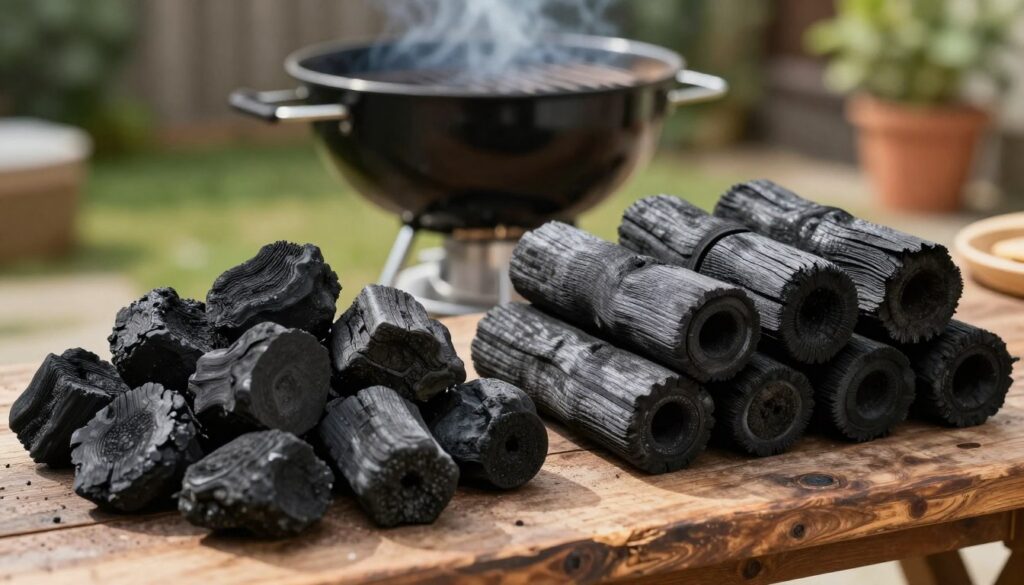 A detailed comparison of charcoal briquettes and lump charcoal arranged side by side on a rustic wooden surface. In the foreground, display a mound of textured lump charcoal, showcasing its irregular shapes, alongside neatly stacked charcoal briquettes exhibiting their compact form and uniformity. In the middle ground, include a small, elegant charcoal grill, hinting at their intended use, with subtle smoke rising. The background should feature a soft-focus outdoor setting, such as a backyard with a hint of greenery to evoke a relaxed atmosphere. Use natural lighting to create an inviting ambiance, with warm tones highlighting the charcoals’ surfaces. The brand name "oxicharcoal" should be subtly integrated into the scene, ensuring it doesn’t dominate the visual. Capture a clear, sharp image from a slightly elevated angle, focusing on texture and detail.
