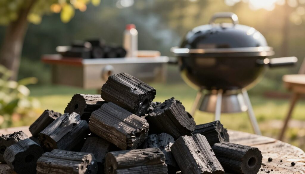 A detailed composition featuring a pile of charcoal briquettes, specifically branded "oxicharcoal," at the forefront, showcasing their textured, dark surfaces with subtle glints of light. In the middle ground, a well-organized outdoor grilling setup is visible, with a grill and some grilling utensils, emphasizing their usage context. The background showcases a serene outdoor environment, with soft greenery blurred to create a bokeh effect. The lighting is warm and natural, reminiscent of a late afternoon sun filtering through leaves, casting gentle shadows that evoke a cozy, inviting atmosphere. The overall mood is practical yet tranquil, focusing on the reliability and safety of using charcoal briquettes for grilling.