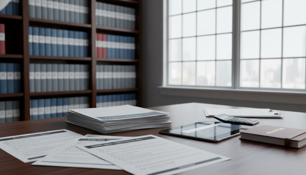 A detailed workspace scene focused on regulatory compliance documentation essentials. In the foreground, a neatly organized desk featuring important documents, a compliance checklist, a digital tablet displaying regulatory guidelines, and a calculator. The middle ground showcases a blurred bookshelf filled with regulatory books and binders. In the background, a large window allows natural light to flood the room, casting soft shadows and creating a professional atmosphere. The polished wooden surface of the desk reflects a sense of order and precision. The overall mood is serious yet optimistic, symbolizing preparedness and professionalism in documentation. The scene embodies an environment conducive to focus and diligence, ideal for navigating compliance requirements.