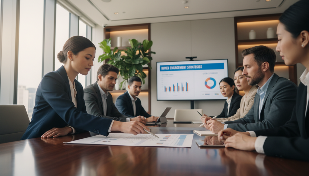 A professional business setting featuring a diverse group of individuals engaged in a discussion over a sales contract. In the foreground, a well-dressed woman points to specific clauses on a contract placed on a polished conference table. A focused man closely observes, taking notes on a digital tablet. In the middle ground, a large screen displays graphs and charts related to buyer engagement strategies. The background shows elegant office decor, including plants and modern design elements. Use soft, natural lighting coming from large windows, creating a warm and inviting atmosphere. The scene captures a sense of collaboration, professionalism, and importance in contract negotiation.