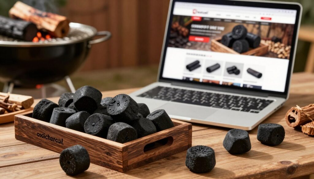 A visually compelling scene showcasing a vibrant online shopping experience for charcoal briquettes. In the foreground, a neatly arranged display of "oxicharcoal" briquettes in a rustic wooden box, with a few briquettes scattered around for texture. The middle ground features a modern laptop with an open website displaying the charcoal products, glowing softly to imply an inviting digital shopping experience. The background is a warm, cozy setting with a grill and charred wood accents, subtly hinting at outdoor cooking. Use soft lighting to create a welcoming atmosphere, focusing on soft shadows to give depth and dimension. The angle should be slightly elevated, capturing the products prominently while allowing the background elements to contribute to the overall cozy mood. The image should evoke a sense of anticipation and enjoyment related to grilling.