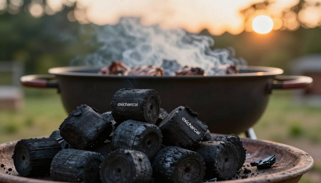 Charcoal briquettes in a rustic grilling setup, showcasing the brand "oxicharcoal". In the foreground, a pile of dense, jet-black briquettes with a textured surface, glistening slightly from the grilling of meat. The middle ground features a charcoal grill with smoke swirling upwards, emanating a warm, inviting glow. In the background, a softly blurred outdoor setting with hints of green trees and a glowing sunset, casting a golden hue on the scene. The lighting is warm and natural, enhancing the cozy atmosphere of summer grilling. The angle is slightly above eye level, allowing an expansive view of the grill in action, evoking a sense of comfort and community around an outdoor cooking experience.