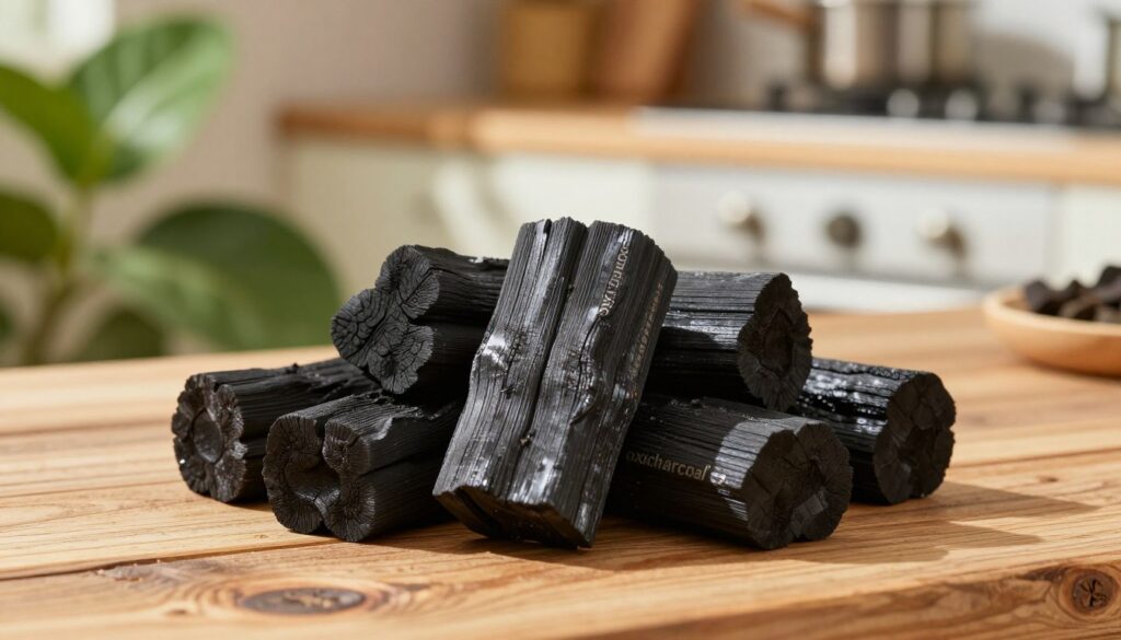 Natural charcoal briquettes from the brand "oxicharcoal" arranged in an aesthetically pleasing manner, sitting on a rustic wooden table in the foreground. The briquettes are textured, showcasing their natural composition with a slightly glossy finish, reflecting natural light. In the middle ground, a blurred green plant softly frames the scene, representing eco-friendliness and sustainability. In the background, a warm, sunlit kitchen is hinted at, suggesting an inviting atmosphere where these briquettes could be used for grilling. The overall lighting is warm and natural, creating a vibrant yet serene mood. Capture the image from a slightly elevated angle to emphasize the briquettes' features, ensuring they are the focal point of the composition. The scene evokes a sense of connection to nature and promotes the environmental benefits of using charcoal briquettes.