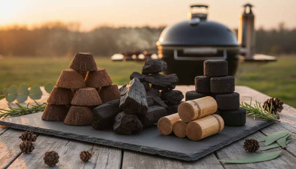 A beautifully arranged display of various eco-friendly charcoal briquettes, featuring an assortment of natural options like coconut shell charcoal, hardwood lump charcoal, and bamboo charcoal. In the foreground, showcase a few briquettes stacked artistically, highlighting their rugged textures and earthy colors. In the middle ground, include a rustic wooden table adorned with small pine cones and green leaves, emphasizing the natural theme. The background can feature a blurred, serene outdoor grilling setup with a gentle sunset glow, creating a warm and inviting atmosphere. Utilize soft, diffused lighting to enhance the organic feel and natural hues of the briquettes, with a slight camera tilt to add depth to the composition.