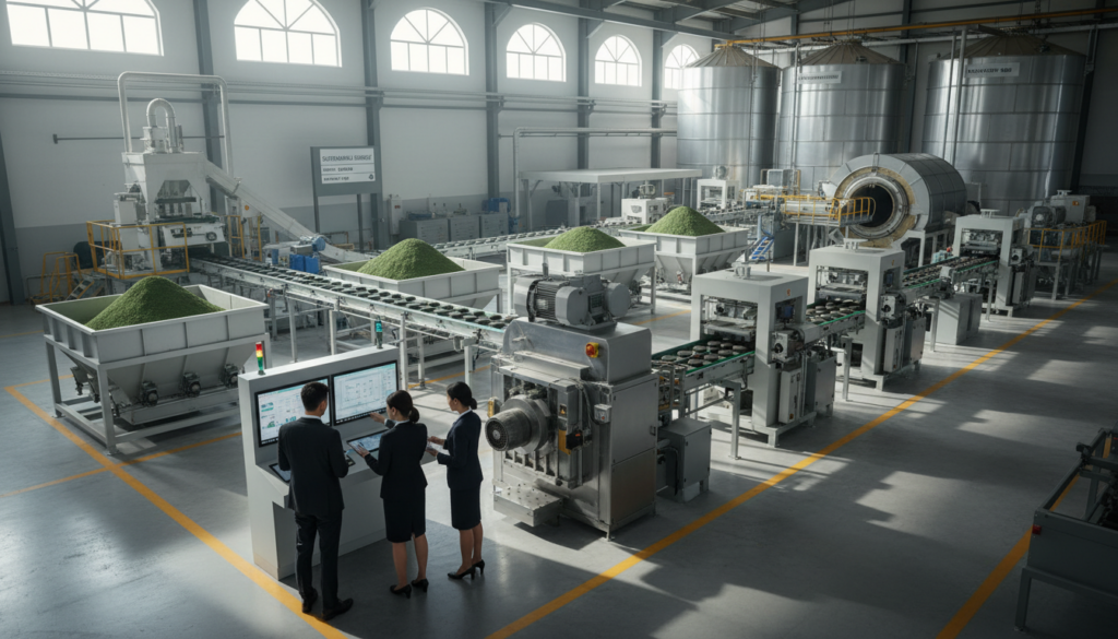 A bustling charcoal briquette manufacturing facility, showcasing the optimizing process of briquette production. In the foreground, professional workers in business attire carefully adjust machinery and monitor equipment displays. The middle ground reveals an organized layout of vibrant, green biomass feedstock being processed, with semi-automated briquette presses in operation. The background features large storage silos and industrial equipment under bright, natural lighting coming through large windows, casting soft shadows. The atmosphere conveys efficiency and innovation, with a focus on sustainable practices. The perspective is slightly angled to emphasize the intricate details of the machinery while maintaining a clean, safe workspace, free of clutter or distractions.
