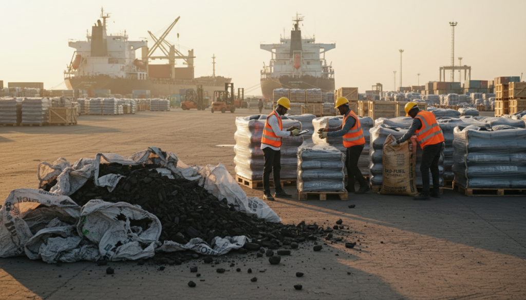 A bustling port scene focused on the challenges of bulk charcoal export. In the foreground, a stack of damaged charcoal briquette packaging, with a few bags torn open, showcasing the contents spilling out. In the middle ground, workers in professional attire inspecting packaging methods, using tools to assess quality and durability. The background features cargo ships waiting to be loaded with charcoal, with crates and pallets scattered around, emphasizing a chaotic but industrious environment. Soft, natural lighting casts realistic shadows, creating a warm yet urgent atmosphere. The angle is slightly elevated, capturing both the workers' efforts and the vastness of the port scene, highlighting the logistical hurdles faced in charcoal export.