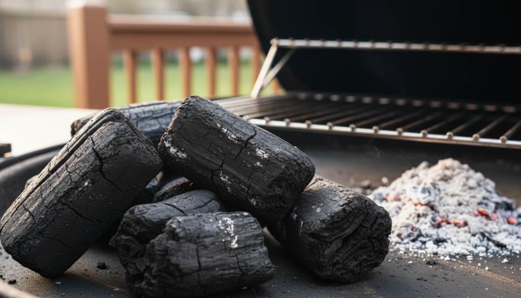 A close-up image of high-quality charcoal briquettes, showcasing their unique textures and features. In the foreground, display a cluster of rich, dark briquettes, demonstrating various shapes and sizes. In the middle ground, include a small, glimmering pile of ash to highlight the burning efficiency of the charcoal. The background should feature a blurred grill setup, hinting at an outdoor cooking environment, with soft natural lighting casting gentle shadows that accentuate the briquettes' surfaces. Use a shallow depth of field to keep the focus sharp on the briquettes, creating a warm, inviting atmosphere that conveys the essence of outdoor cooking and the importance of quality charcoal for long-lasting heat.