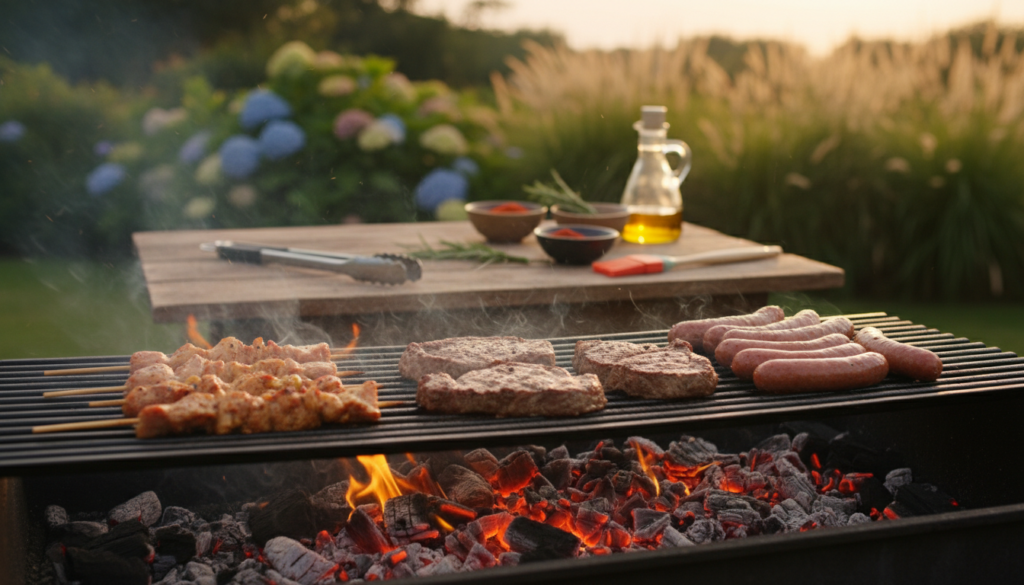 A close-up of a beautifully arranged outdoor BBQ scene. In the foreground, vibrant pieces of marinated meat sizzle on a grill, surrounded by glowing charcoal briquettes emitting a warm, inviting glow. The briquettes are scattered artistically, emphasizing their role in enhancing flavor. In the middle ground, a set of grilling tools, such as tongs and a basting brush, rests on a rustic wooden table, with fresh herbs and spices arranged nearby. The background features a lush green garden bathed in soft, golden sunset light, creating a cozy, inviting atmosphere. Use a shallow depth of field to focus on the grilling action while softly blurring the background, evoking a sense of warmth and the delicious aroma of barbecue cooking in the air.