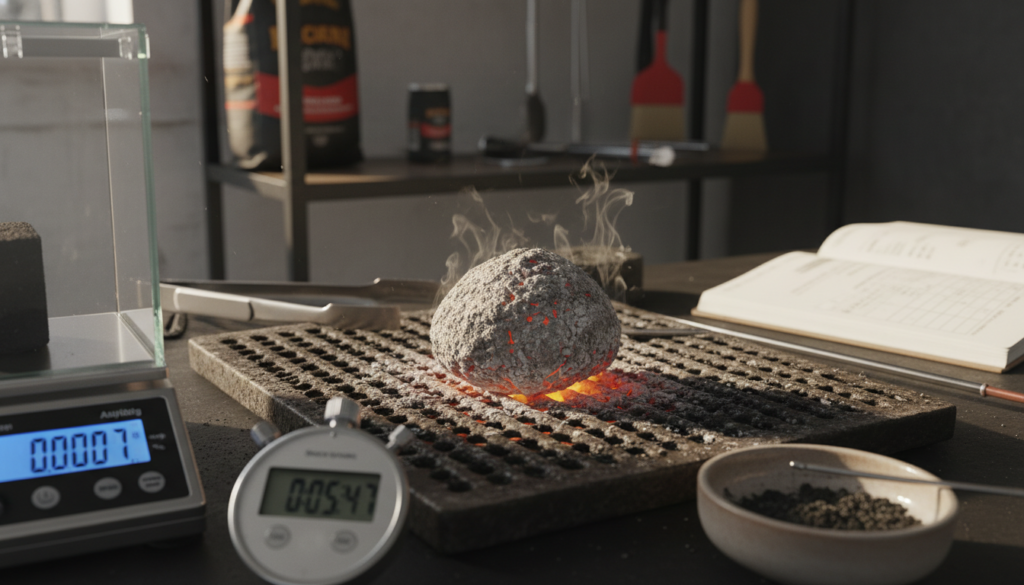 A close-up shot of a charcoal briquette being tested for burn time and ash production, placed on a metal grill surrounded by tools for measurement. In the foreground, an analytical scale and a stopwatch are subtly positioned to suggest precision. The middle ground showcases glowing charcoal briquettes emitting a warm, orange glow, with ash accumulating on the sides. The background is softly blurred to reveal a workspace with grilling accessories and notebooks filled with observations, providing a sense of organized experimentation. The lighting is warm and natural, highlighting the textures of the charcoal and ash, creating a focused atmosphere of quality evaluation. The angle captures the essence of meticulous examination, inviting viewers into the assessment process.
