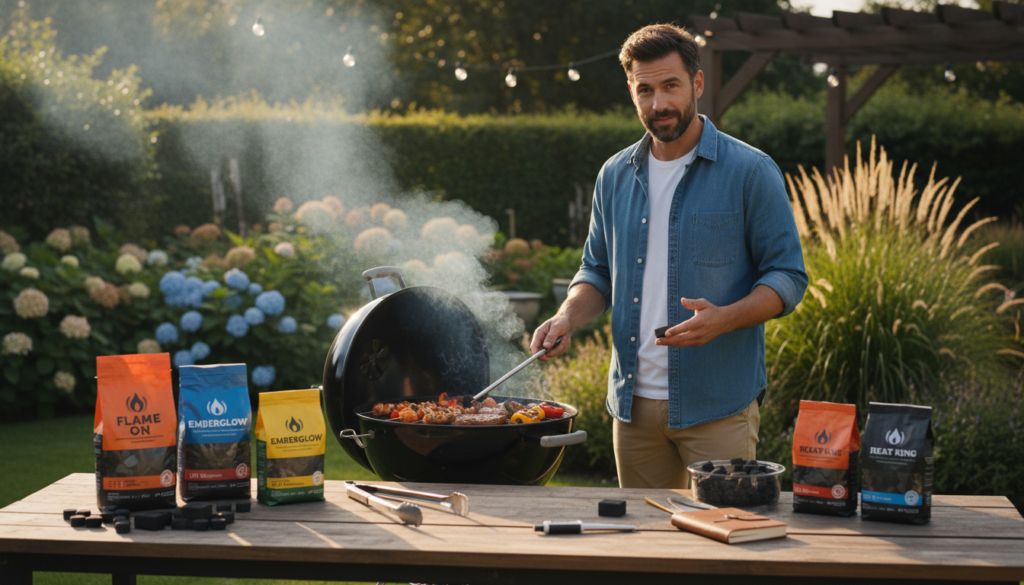 A detailed product testing scene for grilling charcoal, featuring a well-organized testing setup. In the foreground, a table displays various charcoal briquette brands and tools like tongs and thermometers. The middle section shows an outdoor grill, with delicious grilled food sizzling, illuminated by warm, natural lighting that evokes a cozy, inviting atmosphere. In the background, a lush garden provides a serene environment for grilling. Include a professional tester, wearing a clean, modest casual outfit, carefully evaluating the performance of the briquettes with smoke wafting through the air, and a confident expression indicating expertise. The angle captures the depth of the scene, focusing on both the products and the grilling process, with an emphasis on clarity and detail to enhance the viewer's understanding of the testing methodology.