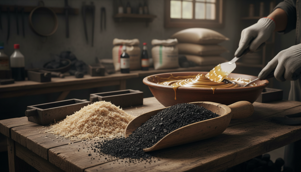 A detailed view of raw materials used in charcoal briquette manufacturing, focusing on a mixture of sawdust, compressed charcoal, and binding agents. In the foreground, a wooden scoop filled with dark, textured charcoal and light-colored sawdust sits on a rustic wooden table. The middle ground features a large mixing bowl, showcasing the blending process of the raw materials, with a hand preparing the mixture using a spatula. The background captures a dimly lit workshop atmosphere, with shelves of raw materials and tools for briquette production. Soft, diffused overhead lighting accentuates the textures of the materials and creates a warm, industrious mood. The composition is shot from a slight angle for depth, emphasizing the craftsmanship involved in the manufacturing process.