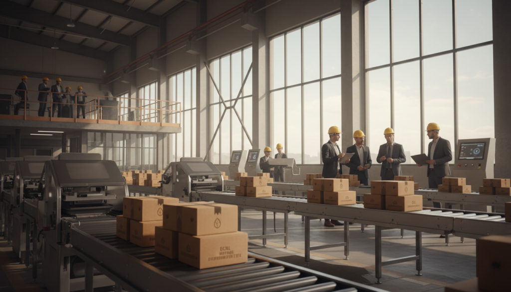 A dynamic factory interior showcasing innovative production packaging techniques for charcoal briquettes. In the foreground, sleek machinery efficiently stacks briquettes in eco-friendly boxes made of recyclable materials. The middle features workers in professional business attire expertly monitoring the production line, ensuring quality control. The background reveals large windows allowing natural sunlight to flood the space, casting a warm glow that enhances the industrious atmosphere. The color palette emphasizes earth tones, highlighting the sustainable aspect of the packaging. A wide-angle perspective captures the entire scene, giving a sense of scale and sophistication in modern production techniques. The mood is energetic yet organized, reflecting the cutting-edge advancements in the industry.