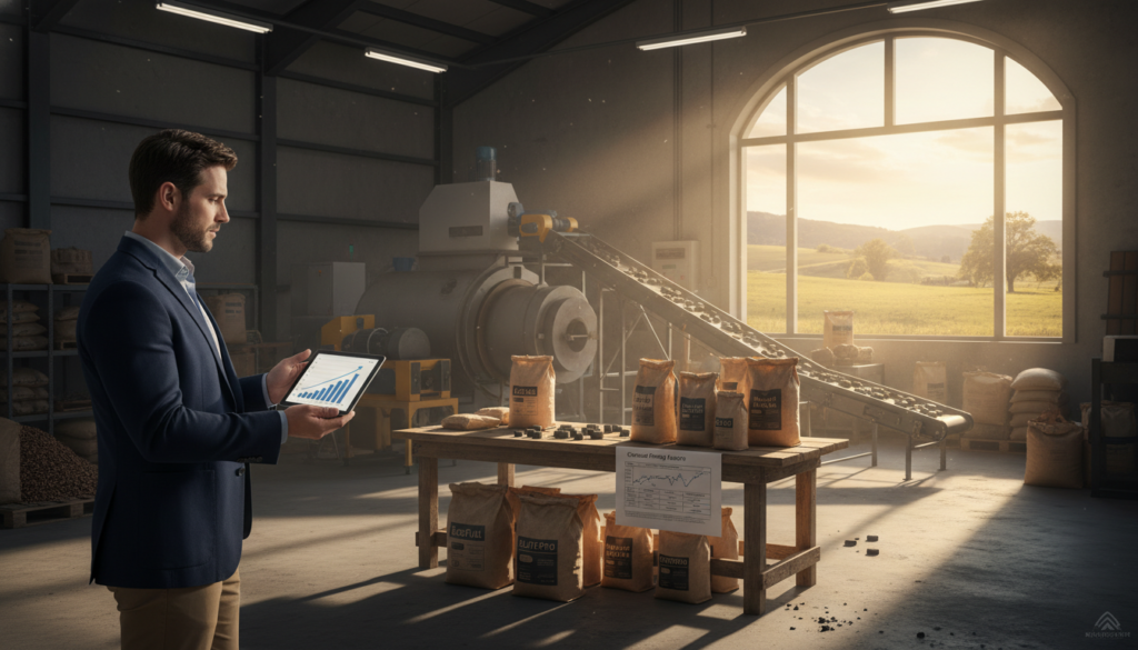 A dynamic industrial scene depicting market trends impacting charcoal pricing. In the foreground, a professional business analyst in smart casual attire examines a digital tablet displaying graphs and data trends related to charcoal prices and burn efficiency. The middle ground features a wooden table with neatly stacked bags of charcoal briquettes, diverse brands clearly visible, alongside a chart comparing pricing factors. In the background, a warehouse filled with charcoal production equipment and a large window shows a sunny outdoor view, casting warm light into the space. The atmosphere is focused and analytical, suggesting a blend of seriousness and optimism as market conditions fluctuate. The lighting is bright and natural, highlighting details throughout the scene.
