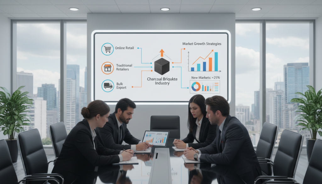 A modern business conference room setting illustrating the theme of "Innovations in Distribution Channels and Market Growth Strategies." In the foreground, a diverse group of four professionals in business attire engaged in discussion, examining a digital tablet showcasing graphs and data on market growth. In the middle background, a large screen displays visually appealing infographics representing various distribution channels including online and retail strategies, connecting to the charcoal briquette industry. The atmosphere is energetic and focused, with soft, ambient lighting casting a professional glow. A large window in the background lets in natural light, framing a city skyline, emphasizing market growth. The composition should have a clean and organized look, showcasing an environment conducive to strategic planning and collaboration.