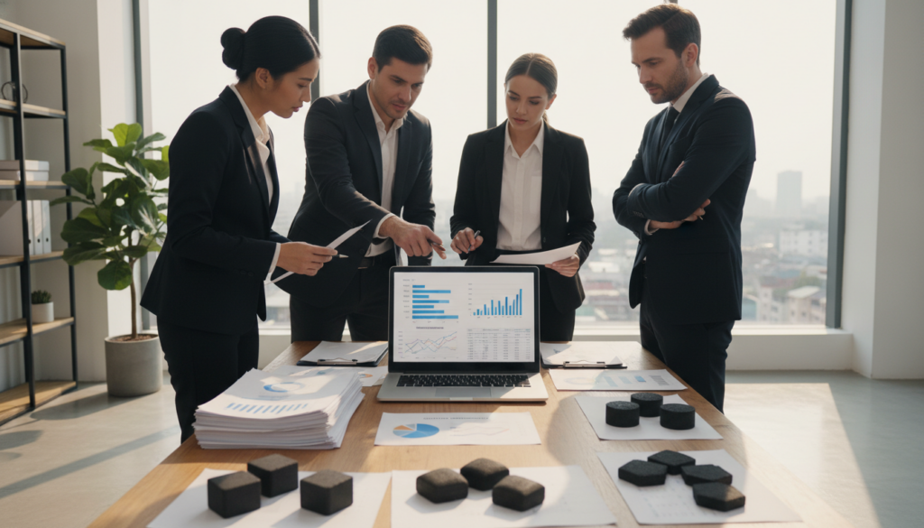 A professional office environment featuring a group of diverse, business-attired individuals discussing and analyzing data on charcoal briquette suppliers. In the foreground, a well-organized meeting table displays documents, charts, and high-quality images of various charcoal briquettes. The middle ground shows two men and two women engaging in conversation, pointing at a laptop screen displaying graphs related to supplier performance. The background highlights a modern office with large windows allowing natural light to flood the space, creating a bright and inviting atmosphere. The mood conveys collaboration and professionalism, capturing the essence of trust and reliability in business partnerships. The scene is well-lit with soft shadows, emphasizing the subjects and the materials on the table without any text or additional distractions.