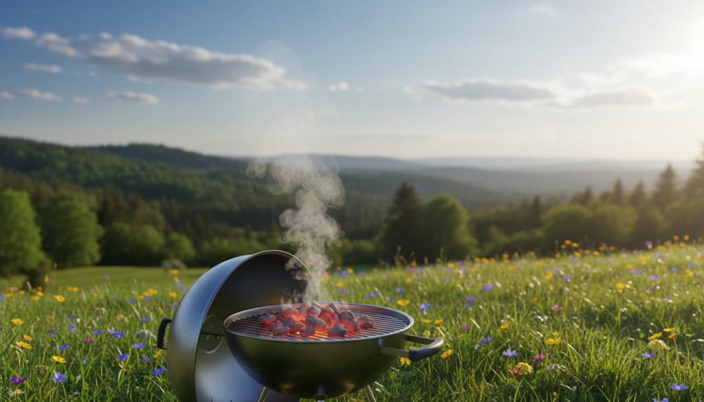 A serene outdoor barbecue scene showcasing the environmental benefits of charcoal briquettes. In the foreground, a bright and vibrant grill glowing with charcoal briquettes, surrounded by lush green grass and colorful wildflowers. The middle ground features a clear sky with soft, diffuse sunlight filtering through scattered clouds, illuminating the smoke rising gently, representing cleaner air. In the background, a panoramic view of a serene landscape with trees and hills, emphasizing sustainability and reduced waste. Capture the natural beauty of the setting with warm, inviting colors and a soft focus on distant elements, creating a calming atmosphere that highlights the eco-friendly message. Use a warm color palette and a slight lens flare for a cheerful, inviting feel without any text or distractions.