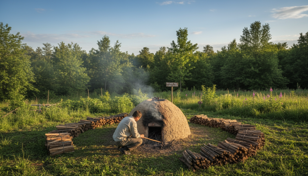 A serene outdoor scene showcasing sustainable charcoal production practices. In the foreground, a skilled worker in modest casual clothing tends to a traditional earth kiln, surrounded by neatly stacked bundles of harvested wood. In the middle ground, lush greenery thrives, highlighting the integration of eco-friendly forestry methods. The background features a clear blue sky with a few scattered clouds, allowing warm sunlight to bathe the scene in a soft, inviting glow. The atmosphere conveys a sense of harmony between nature and sustainable industry. The shot is captured from a slightly elevated angle, emphasizing the worker's activity while showcasing the pristine environment. This portrayal reflects the balance of charcoal production and ecological responsibility, inspiring the viewer towards sustainable practices.