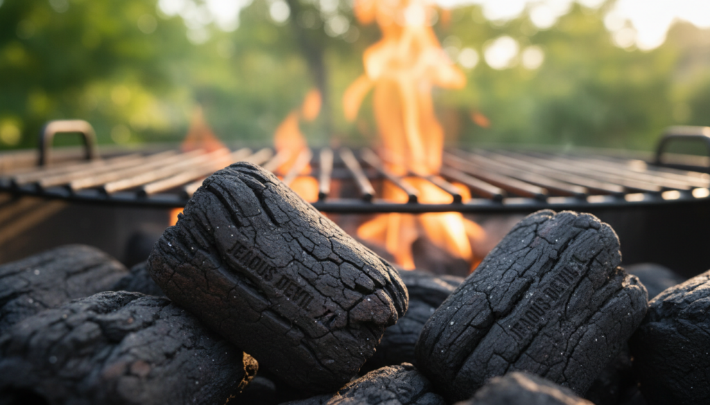 A striking, close-up view of unique "Jealous Devil XL" charcoal briquettes, showcasing their innovative design. In the foreground, highlight the textured surface of the briquettes, capturing the intricate patterns and charcoal color variations. The middle ground features a subtle grill background, with faint flames lightly illuminating the briquettes, creating an inviting glow that hints at grilling. In the background, softly blurred greenery suggests an outdoor cooking environment, enhancing the atmosphere of summer grilling. Set the scene under warm, golden-hour lighting to create a cozy, appealing mood. Use a slightly low angle to emphasize the briquettes' design, focusing on their high quality and craftsmanship. The image should be clear and vibrant, conveying a sense of premium grilling experience.