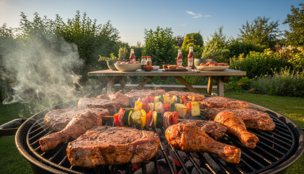 A vibrant backyard BBQ scene showcasing a smoky grill filled with marinated meats, interspersed with colorful vegetables. In the foreground, juicy steaks and chicken sizzle over glowing charcoal briquettes, surrounded by wisps of flavorful smoke that rise into the air. The middle ground features a rustic picnic table with BBQ sauces, spices, and fresh herbs ready for use, while the background reveals a lush garden with green foliage and a clear blue sky, enhancing the outdoor atmosphere. The lighting is warm and inviting, as if illuminated by late afternoon sun, creating a cozy and lively mood that captures the essence of a perfect BBQ gathering. The shot is taken from a low angle to emphasize the grilling action, ensuring the viewer feels encapsulated in this flavorful experience.