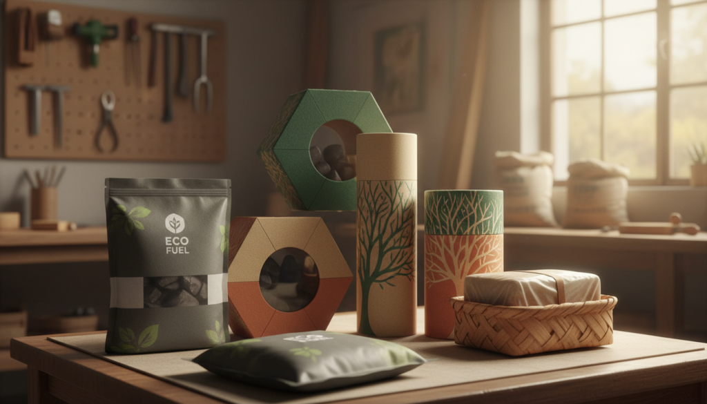 A visually captivating display of innovative charcoal packaging materials, showcasing a variety of eco-friendly designs. In the foreground, a sleek, modern charcoal briquette package made from biodegradable materials is prominently featured, reflecting sustainability. In the middle, various packaging concepts are arranged artistically, highlighting unique shapes, textures, and colors—some featuring transparent viewing windows, while others integrate natural motifs. The background consists of a subtle, rustic workshop setting that suggests craftsmanship, with soft, diffused lighting enhancing the organic feel. The atmosphere is warm and inviting, promoting innovation and quality in packaging design. The composition is shot at a slight angle with a shallow depth of field to emphasize the packages while keeping the background gracefully blurred.
