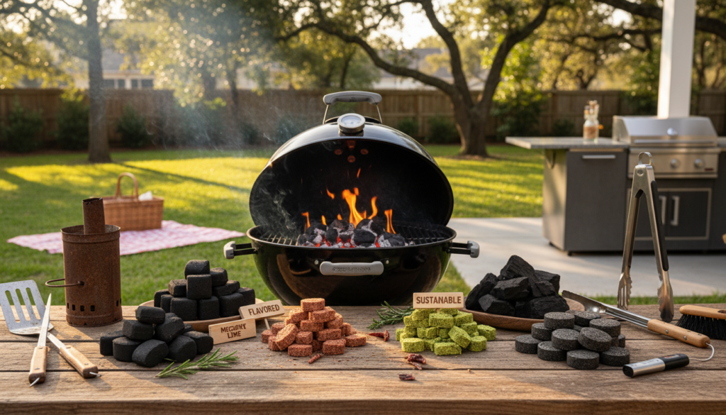 A visually compelling image depicting the evolution of charcoal grilling trends in the U.S., focusing on a dynamic foreground featuring various types of charcoal briquettes—traditional, flavored, and eco-friendly options—arranged artistically on a rustic wooden table. In the middle ground, a classic charcoal grill is depicted, flames gently rising, radiating warmth and inviting atmosphere. The background is a vibrant backyard setting, with soft sunlight filtering through trees, creating dappled shadows on the grass. A sense of nostalgia and progress is captured through vintage and modern grilling tools displayed along the sides. The overall mood is inviting and celebratory, evoking a sense of camaraderie and shared outdoor cooking experiences, inviting viewers to explore charcoal grilling's rich history and innovations.