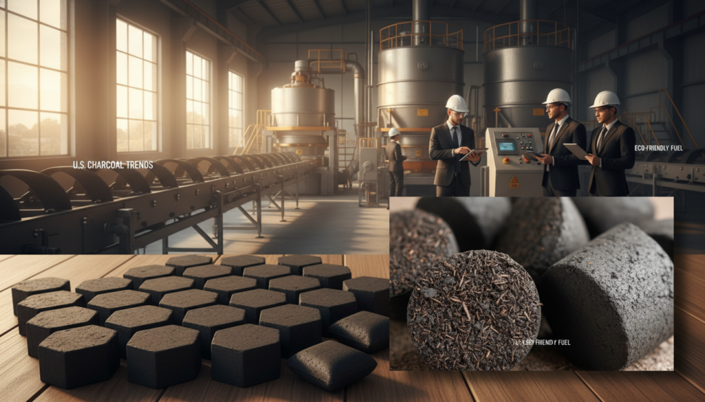 A visually striking image depicting the latest trends in the charcoal briquette industry. In the foreground, showcase an assortment of charcoal briquettes arranged neatly on a wooden table. The middle ground features a close-up of eco-friendly briquettes made from sustainable materials, emphasizing their texture and shape. In the background, display a modern charcoal manufacturing facility, with large machinery and workers in professional business attire overseeing the production process. Utilize warm, natural lighting to evoke a sense of innovation and sustainability. Capture the scene from a slightly elevated angle to provide depth and context, conveying a clean, professional atmosphere as the focus remains on the trends influencing the U.S. charcoal briquette market.