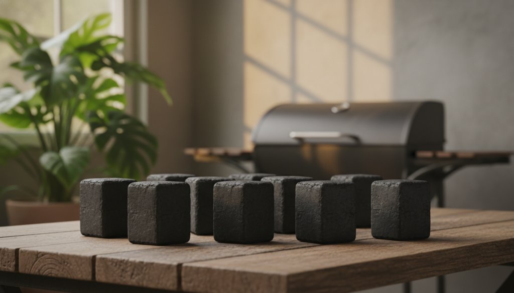 An arrangement of clean burn charcoal briquettes showcased on a rustic wooden table, with a vibrant green plant in the foreground to emphasize eco-friendliness. The briquettes should be visually intact, displaying their deep black color with subtle hints of natural textures. In the background, soft and warm natural lighting filters through a window, creating a cozy atmosphere that suggests outdoor grilling. A blurred grill can be seen in the distance, enhancing the context without distracting from the main subject. The angle should be slightly elevated, capturing both the briquettes and the lively colors of the surrounding environment, evoking a sense of sustainable outdoor enjoyment.